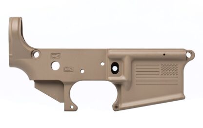 DESCRIPTION Our Special Edition: Aero Precision Freedom AR15 Stripped Lower FDE Receiver features a custom engraved American Flag graphic on the magwell of our popular AR15 Gen 2 Lower Receiver. Markings Include Model "FREEDOM" and "4JULY-XXXX" serial number range. Like all of our receivers, this product is machined to mil-spec dimensions and works with standard AR15 components. Includes: Stripped AR15 Gen 2 Special Edition: Freedom Lower Receiver in FDE Cerakote (info on Cerakote Firearm Coating) Add a Magpul SL-K or SL-S Stock in FDE and an enhanced buffer kit Why are the stars on the right? This is a commonly asked question with a simple answer - Always Forward, Never Retreat. Per Army Regulations 670-1, the U.S. flag patch is to be worn, right or left shoulder, so that "the star field faces forward, or to the flag's own right. When worn in this manner, the flag is facing to the observer's right, and gives the effect of the flag flying in the breeze as the wearer moves forward." Learn more about flag etiquette. *Please note - this product is available in limited supply and for a limited time only.