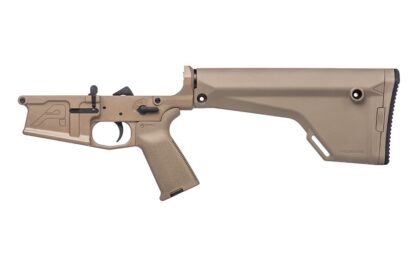 DESCRIPTION The Aero Precision M5 MOE Fixed Rifle Complete Lower FDE is the perfect base for your custom big-bore AR build. This complete lower features our custom designed M5 Lower Receiver and is upgraded to include a MOE® Grip and MOE® Fixed Rifle Stock. Save when you buy it complete and let our specialists do the installation for you! Includes: M5 Stripped Lower Receiver MOE® Grip MOE® Fixed Rifle Stock Lower Parts Kit Rifle Receiver Extension M5 Rifle Buffer and Spring These parts are installed Our M5 Lower Receiver sets the standard for big-bore AR builds. This custom designed enhanced forging is machined from 7075-T6 Aluminum and works with standard AR308 components and magazines. It has been engineered with upgraded features, including a threaded bolt catch roll pin, integrated trigger guard, upper tension screw, threaded takedown pin detent recess and increased magwell flare. It uses custom takedown and pivot pins as well as an extended magazine catch button which are included in this assembly. Add a complete upper
