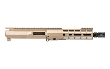DESCRIPTION This Aero Precision EPC-9 Threaded 8.3" 9mm S-ONE Complete Upper FDE comes standard with our ATLAS S-ONE Handguard. The S-ONE handguards are designed with size and weight in mind, while still providing plenty of real-estate to accommodate any attachment needs the end user may have. Our proprietary ATLAS attachment system is a durable and dependable mounting platform, maintaining a slim profile while still providing the strength and stability customers have grown to love from Aero Precision handguards. Includes: EPC-9 Upper Receiver 7.3" ATLAS S-ONE Handguard 8.3" 9mm CMV Barrel Product comes assembled The muzzle device included with this complete upper receiver is NOT pinned nor welded to this barrel. This complete upper receiver does not include BCG or Charging Handle. These products may be selected as add-ons EPC-9 Upper Receiver Features: Last round bolt hold open mechanism Accepts most AR15 compatible barrel nuts and handguards Dimple above threads to allow for proper handguard timing Standard AR15 takedown/pivot pin lug pattern Machined from custom forged 7075-T6 aluminum ATLAS S-ONE Handguard Features: Front and rear picatinny rail Eliminated center of top rail for weight reduction Indexing grooves in 12:00 position for positive grip control Quick disconnect sling socket at the 3, 6 and 9 o'clock positions 1.3" Inside diameter 1.5" Outside diameter Compatible with mil-spec AR15 upper receivers and barrels 8.3" 9mm Barrel Features Chamber: 9x19 Length: 8.3" Twist: 1 in 10 Threading: 1/2"x28 Material: Chrome Moly Vanadium Finish: QPQ corrosion resistant finish both inside and out