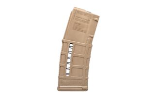 DESCRIPTION The next-generation Magpul PMAG 30 FDE Window M3 is a 30-round 5.56x45 NATO (.223 Remington) polymer magazine for AR15/M4 compatible weapons that features transparent windows to allow rapid visual identification of approximate number of rounds remaining. Along with expanded feature set and compatibility, the GEN M3 Window incorporates new material technology and manufacturing processes for enhanced strength, durability, and reliability to exceed rigorous military performance specifications. Similar to the MOE PMAG, the GEN M3 Window features a long-life USGI-spec stainless steel spring, four-way anti-tilt follower and constant-curve internal geometry for reliable feeding, and simple tool-less disassembly to ease cleaning. In addition, a redesigned bolt catch notch in the rear of the magazine provides increased bolt catch clearance, while an over-travel stop on the spine helps ensure the magazine will not over-insert on compatible weapons. Low profile ribs and new aggressive front and rear texture gives positive control of the GEN M3 in all environments, and a paint pen dot matrix has been added to the bottom panel of the body to allow easy marking by the end user for identification. The new, easy to disassemble flared floorplate aids extraction and handling of the magazine while providing improved drop protection, but is slightly slimmer than before for better compatibility with tight double and triple magazine pouches. An included pop-off Impact/Dust Cover can optionally be used to minimize debris intrusion and protect against potential damage to the top cartridge during storage and transit. Durable dual-side transparent windows allow for quick determination of approximate number of rounds remaining in the magazine. Utilizing a high visibility indicator coil on the spring and numerical markers on the magazine body, the MagLevel™ system provides positive verification without affecting the durability or reliability of the magazine. Availability subject to applicable federal, state and local laws and regulations. Always have full knowledge of your state and local gun laws before attempting to order or purchase this magazine. This magazine will not ship to California as of 5/29/19 at 5:00 PST. We currently do not ship this product to the following states: California, Colorado, Connecticut, Hawaii, Illinois, Maryland, Massachusetts, New Jersey, New York, Vermont and Washington D.C, unless you are authorized.