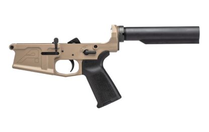 DESCRIPTION Our Aero Precision M5 (.308) Complete Lower FDE MOE Grip No Stock is the perfect base for your custom big-bore AR rifle. Save when you buy it complete and let our specialist do the installation for you! This complete lower DOES NOT come with a stock, allowing you to pick the one that best fits you. Features: Works with standard AR 308 components and magazines Rear takedown pin detent hole is threaded for a 4-40 set screw Bolt catch is threaded for a screw pin (no roll pin needed) Integrated trigger guard Selector markings will work with 45, 60 or 90 degree safety selectors Accepts Battle Arms Development short throw safety selectors, but will work with any standard selector No gap with aftermarket pistol grips Includes: M5 (.308) Lower Receiver Magpul MOE Grip Lower parts kit Receiver extension .308 carbine buffer and spring These parts are installed This complete lower does not include a stock. Save on your initial purchase and choose any stock you prefer in spare parts. Check out our M5 & M5E1 assembled uppers, complete uppers