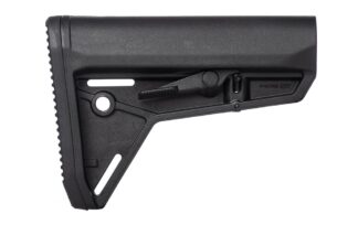 DESCRIPTION The Magpul MOE SL® Carbine Stock – Mil-Spec Model (MOE Slim Line) is a drop-in replacement buttstock for AR15/M4 carbines using mil-spec sized receiver extension tubes. Designed for the modern battlefield, the sleek profile, dual-side release latches, rolled toe, and angled rubber butt-pad are optimized for use with body armor or modular gear and provide for efficient shoulder transitions. Features: Sloping cheek weld combines a slim profile with user comfort Dual-side release latch provides easy adjustment while remaining anti-snag Premium chrome-silicon lock spring provides positive locking and long service life Internal anti-rattle feature minimizes wobble on receiver extension tube Rubber butt-pad offers an anti-slip surface and increases impact protection Rollover on the toe allows for easier shoulder transitions and better fit when using body armor Sling Mounts Rear – Integral push-button QD swivel sling mount accommodates up to 1.5" swivels (ambidextrous) Rear/Bottom - 1.25" sling loop