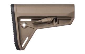 DESCRIPTION The Magpul MOE SL® Carbine Stock FDE – Mil-Spec Model (MOE Slim Line) is a drop-in replacement buttstock for AR15/M4 carbines using mil-spec sized receiver extension tubes. Designed for the modern battlefield, the sleek profile, dual-side release latches, rolled toe, and angled rubber butt-pad are optimized for use with body armor or modular gear and provide for efficient shoulder transitions. Features: Sloping cheek weld combines a slim profile with user comfort Dual-side release latch provides easy adjustment while remaining anti-snag Premium chrome-silicon lock spring provides positive locking and long service life Internal anti-rattle feature minimizes wobble on receiver extension tube Rubber butt-pad offers an anti-slip surface and increases impact protection Rollover on the toe allows for easier shoulder transitions and better fit when using body armor Sling Mounts Rear – Integral push-button QD swivel sling mount accommodates up to 1.5" swivels (ambidextrous) Rear/Bottom - 1.25" sling loop Check out the MOE SL in Black