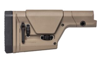 DESCRIPTION The Magpul PRS® GEN3 Precision Adjustable Stock FDE is a field precision stock for AR15/M16 and AR10/SR25 (DPMS) platforms, featuring tool-less length of pull and cheek piece height adjustment. With solid adjustments for length of pull and cheek piece height via aluminum detent knobs, the PRS GEN3 (Precision Rifle/Sniper) stock provides a stable interface and is intended for semi-automatic sniper or varmint type rifles. Offering a nearly universal fit, it is optimized for rifle-length receiver extensions but will also mount to many mil-spec carbine and A5-length tubes*. Includes a cant/height-adjustable rubber butt-pad and rotation-limiting QD sling swivel cups as well as M-LOK® slots on the bottom for rear monopod mounting. Features Mounts to rifle-length receiver extension tube without A2 spacer but will also accommodate mil-spec sized M4 Carbine and many A5-length tubes with standard Castle Nuts and End Plates (not included)* Enhanced strength butt-plate withstands severe impact and recoil up to .50 BMG Rubber butt-pad provides positive shoulder purchase to prevent slippage and is adjustable for both cant and height Machined aluminum LOP (length of pull) and Cheek Piece adjustment knobs with positive locking click detents Steel adjustment shafts finished with Melonite® for wear and corrosion resistance All aluminum components finished with MIL-A-8625F, Type III, Class 2 hard anodizing Bottom M-LOK slots provide additional sling mounting possibilities or for attaching 1913 Picatinny rails for use with a monopod Check out the Sling Mounts