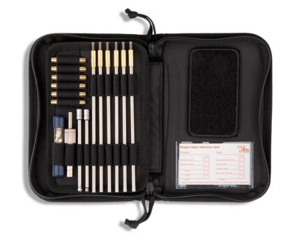 Fix-It Sticks Long Range Kit All-In-One Torque Driver: Designed for the professional and competitive shooter, this super-compact kit will help keep your long-range rifle in top form while in the field. This kit contains a comprehensive assortment of tools designed to help maintain your rifle and tighten down your optics, action and accessories to the correct torque.  Includes the following specialty parts / bits: Ratchet T-Handle w/Locking Hex Drive 15,25,45,65 Inch Lbs torque limiters **or** All-In-One Torque Driver (select from the options above) 1/2” Socket/Adapter Mini Pry Bar Pin Punch set (1/16, 3/32, 1/8, 5/32, 3/16, 1/4) Bronze Scraper Steel Pick Cleaning Brush Bit Set of two 8-32 adapters Machined Aluminum Bubble Level Set, includes: magnetic level & rail clamp level/anti-cant device with precise UK-sourced bubble vials Stainless Steel Rod Set (6) with .223/6.5/.30 Brass Adapters & Ball Bearing Drive (locks into T-handle, assembles to 44") 3/16” Extended Action Bit 5/32” Extended Action Bit 24 Chrome Plated Bits: T8, T10, T15, T20, T25, T27, T30, P1, P2, [hex 0.50, 5/64, 3/32, 1/8, 7/64, 9/64, 5/32, 3/16, 1/4, 2.5mm, 3mm, 4mm, 5mm] [slotted 3/16, 3/32] Magnetic Velcro Patch Micro Fiber Lens Cloth Torque Value Reference/Conversion Card Soft Carrying Case Soft carrying case has molded low profile bit holders that are designed to hold any bit / accessory with a standard 1/4" Base. Be prepared at the Range or in the Field. 