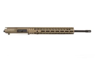 DESCRIPTION This Aero Precision M5E1 Enhanced 20" .308 Complete Upper FDE includes our Gen 2 Enhanced Handguard! Key features include the addition of quick disconnect sling sockets, enhanced milling design for grip and visual appeal and a new profile for the picatinny top rail. Includes: M5E1 Assembled Upper Receiver Gen 2 Enhanced Handguard of choice 20" .308 CMV Barrel Low Profile Gas Block and Rifle Length Gas Tube Product comes assembled This complete upper does not include a BCG or Charging Handle. These products may be selected as add-ons under the FINISH YOUR BUILD tab M5E1 Upper Features: Forged from 7075 T6 aluminum Precision machined to our specs M4 feedramps Laser engraved T-marks (Anodized only) .2795” takedown pin holes Accepts standard AR .308 components Comes with forward assist and port door installed Handguard mounting platform is forged into the receiver Gen 2 Enhanced Handguard Features: 1pc free float design Built in anti-rotation tabs Scalloped rails Continuous top rail 1.78" inside diameter fits most muzzle devices and 1.5" suppressors Compatible with low profile gas blocks Gen 2 Feature - Quick disconnect sling socket at the 3, 6 and 9 o'clock positions Gen 2 Feature - Additional milling along flats to aid with gripping and add visual appeal Gen 2 Feature - New profile for the continuous picatinny top rail Check out our BCGs and Charging handles 20" .308 CMV Barrel Features: Twist: 1 in 10 Threading: 5/8 x 24 Material: 4150 Chrome Moly Vanadium Steel Finish: QPQ corrosion resistant finish both inside and out Gas Block Journal: .750 Gast Port: .087 Gas System Length: Rifle Weight: 59.68oz DPMS Barrel Extension HP and MPI Tested