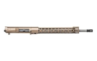 DESCRIPTION This Aero Precision M5 18" 308 SS Fluted Barrel S-One Complete Upper FDE includes our ATLAS S-ONE Handguard! The S-ONE line of handguards are designed with size and weight in mind, providing the perfect addition to your lightweight build. Our proprietary ATLAS attachment system is a durable and dependable mounting platform, maintaining a slim profile while still providing the strength and stability customers have grown to love from Aero Precision handguards. Includes: M5 (.308) Threaded Assembled Upper Receiver 15" M-LOK ATLAS S-ONE Handguard 18" .308 Fluted Stainless Steel Barrel, Rifle Length Low Profile Gas Block and Rifle Length Gas Tube .308 A2 Birdcage Flash Hider Product comes assembled This complete upper does not include BCG or Charging Handle. These products may be selected as add-ons. M5 Assembled Upper Receiver Features: Forged from 7075 T6 aluminum M4 Feedramps .2795 takedown pin holes Laser engraved T-marks DPMS High Profile (.210) Tang) Includes port door and forward assist ATLAS S-ONE Handguard Features: Front and rear picatinny rail Eliminated center of top rail for weight reduction Indexing grooves in 12:00 position for positive grip control Quick disconnect sling socket at the 3, 6 and 9 o'clock positions Compatible with low profile gas blocks 1.3” Inside diameter 1.5” Outside diameter Compatible with mil-spec AR15 upper receivers and barrels Learn More about our NEW ATLAS S-ONE Hanguards 18" .308 Fluted Stainless Steel Barrel, Rifle Length Features: .308 Winchester 18" Barrel, 1/10 twist, 416R Stainless Steel, gas port drilled .750 gas block journal Rifle length gas system M4 Feed Ramp Extension HP and MPI tested Standard .308 A2 flash hider