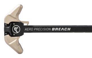 DESCRIPTION The Aero Precision BREACH Ambi Charging Handle Large Black/Tan is a rugged, ambidextrous, precision-manufactured charging handle for the AR15 platform. The BREACH's design utilizes a reinforced 7075-T6 aluminum bar that is up to the most demanding tasks. Its ambidextrous levers feature a patent-pending, dual spring system, that directs the force-of-use into the robust charging handle body. This allows the shooter to use a one-sided charging technique without compromising the part — a pitfall for traditional mil-spec charging handles. The large lever configuration provides an extended operating surface, perfect for a user with bigger hands, or someone who wants a larger surface for manipulation of the charging handle. This BREACH Charging handle features colored anodizing on the levers. While imperfections are few and far between, there are occasional variances in the finish. This can include variances in the lever itself, or slight differences in color when comparing two charging handles from different batches. To learn more about colored anodizing please visit https://www.aeroprecisionusa.com/knowledge-center/colored-anodizing-finishes. Learn more about the BREACH Charging Handle Features: Ambidextrous Controls: Ergonomically designed 7075 Aluminum levers allow the user to easily charge their firearm with either hand, while remaining low profile and comfortable when slung. Robust Construction: Reduced chamfer angles on the 7075 Aluminum reinforced bar design provide a strong foundation for the BREACH that is resistant to rotational flex or breakage. Patent-pending Lever Mechanism: Transfers force-of-use away from the roll pins and into the top/head portion of the reinforced bar protecting the charging handle in the most demanding circumstances. Gas Deflection Shelf: Aligns with the upper receiver to redirect gas flow away from the users face when shooting suppressed. Functional Design: It is not all just good looks. Stylistic cuts on the charging handle also help to clear stuck on carbon and debris from the upper receiver, while the spacer design seals and protects the lever mechanism from debris. Tan anodized charging handle levers Add a Bolt Carrier Check out our complete uppers
