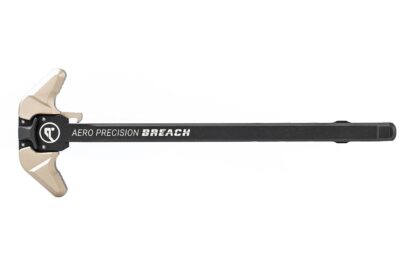 DESCRIPTION The Aero Precision Breach AMBI Charging Handle Large Black/Tan is a rugged, ambidextrous, precision-manufactured charging handle for the M5/AR308 platform. The BREACH's design utilizes a reinforced 7075-T6 aluminum bar that is up to the most demanding tasks. Its ambidextrous levers feature a patent-pending, dual spring system, that directs the force-of-use into the robust charging handle body. This allows the shooter to use a one-sided charging technique without compromising the part — a pitfall for traditional charging handles. The large lever configuration provides an extended operating surface, perfect for a user with bigger hands, or someone who wants a larger surface for manipulation of the charging handle. This BREACH Charging handle features colored anodizing on the levers. While imperfections are few and far between, there are occasional variances in the finish. This can include variances in the lever itself, or slight differences in color when comparing two charging handles from different batches. To learn more about colored anodizing please visit https://www.aeroprecisionusa.com/knowledge-center/colored-anodizing-finishes. Learn more about the BREACH Charging Handle Features: Ambidextrous Controls: Ergonomically designed 7075 Aluminum levers allow the user to easily charge their firearm with either hand, while remaining low profile and comfortable when slung. Robust Construction: Reduced chamfer angles on the 7075 Aluminum reinforced bar design provide a strong foundation for the BREACH that is resistant to rotational flex or breakage. Patent-pending Lever Mechanism: Transfers force-of-use away from the roll pins and into the top/head portion of the reinforced bar protecting the charging handle in the most demanding circumstances. Gas Deflection Shelf: Aligns with the upper receiver to redirect gas flow away from the users face when shooting suppressed. Functional Design: It is not all just good looks. Stylistic cuts on the charging handle also help to clear stuck on carbon and debris from the upper receiver, while the spacer design seals and protects the lever mechanism from debris. Tan anodized charging handle levers Add a Bolt Carrier Check out our complete uppers