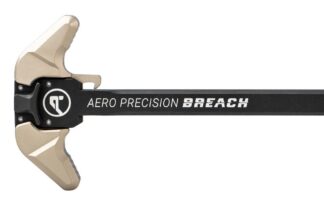 DESCRIPTION The Aero Precision Breach AMBI Charging Handle Large Black/Tan is a rugged, ambidextrous, precision-manufactured charging handle for the M5/AR308 platform. The BREACH's design utilizes a reinforced 7075-T6 aluminum bar that is up to the most demanding tasks. Its ambidextrous levers feature a patent-pending, dual spring system, that directs the force-of-use into the robust charging handle body. This allows the shooter to use a one-sided charging technique without compromising the part — a pitfall for traditional charging handles. The large lever configuration provides an extended operating surface, perfect for a user with bigger hands, or someone who wants a larger surface for manipulation of the charging handle. This BREACH Charging handle features colored anodizing on the levers. While imperfections are few and far between, there are occasional variances in the finish. This can include variances in the lever itself, or slight differences in color when comparing two charging handles from different batches. To learn more about colored anodizing please visit https://www.aeroprecisionusa.com/knowledge-center/colored-anodizing-finishes. Learn more about the BREACH Charging Handle Features: Ambidextrous Controls: Ergonomically designed 7075 Aluminum levers allow the user to easily charge their firearm with either hand, while remaining low profile and comfortable when slung. Robust Construction: Reduced chamfer angles on the 7075 Aluminum reinforced bar design provide a strong foundation for the BREACH that is resistant to rotational flex or breakage. Patent-pending Lever Mechanism: Transfers force-of-use away from the roll pins and into the top/head portion of the reinforced bar protecting the charging handle in the most demanding circumstances. Gas Deflection Shelf: Aligns with the upper receiver to redirect gas flow away from the users face when shooting suppressed. Functional Design: It is not all just good looks. Stylistic cuts on the charging handle also help to clear stuck on carbon and debris from the upper receiver, while the spacer design seals and protects the lever mechanism from debris. Tan anodized charging handle levers Add a Bolt Carrier Check out our complete uppers
