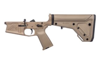 DESCRIPTION The Aero Precision M5 MOE UBR Gen 2 Stock FDE is the perfect base for your custom big-bore AR build. This complete lower features our custom designed M5 Lower Receiver and is upgraded to include a Magpul MOE® Grip and UBR® Gen2 Collabsible Stock. Save when you buy it complete and let our specialists do the installation for you! Includes: M5 Stripped Lower Receiver MOE® Grip UBR® Gen2 Collabsible Stock Lower Parts Kit Integrated UBR Custom Receiver Extension Tube M5 Carbine Buffer and Spring These parts are installed Our Aero Precision M5 Lower Receiver sets the standard for big-bore AR builds. This custom designed enhanced forging is machined from 7075-T6 Aluminum and works with standard AR308 components and magazines. It has been engineered with upgraded features, including a threaded bolt catch roll pin, integrated trigger guard, upper tension screw, threaded takedown pin detent recess and increased magwell flare. It uses custom takedown and pivot pins as well as an extended magazine catch button which are included in this assembly.