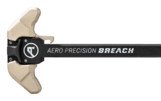 DESCRIPTION The Aero Precision AR15 Breach Ambi Charging Handle Small Black/Tan is a rugged, ambidextrous, precision-manufactured charging handle for the AR15 platform. The BREACH's design utilizes a reinforced 7075-T6 aluminum bar that is up to the most demanding tasks. Its ambidextrous levers feature a patent-pending, dual spring system, that directs the force-of-use into the robust charging handle body. This allows the shooter to use a one-sided charging technique without compromising the part - a pitfall for traditional mil-spec charging handles. The small lever configuration provides a low-profile, easily gripped interface that is comfortable when slung and can be actuated effortlessly from either side of your rifle. This BREACH Charging handle features colored anodizing on the levers. While imperfections are few and far between, there are occasional variances in the finish. This can include variances in the lever itself, or slight differences in color when comparing two charging handles from different batches. To learn more about colored anodizing please visit https://www.aeroprecisionusa.com/knowledge-center/colored-anodizing-finishes. Check out our BCGs Features: Ambidextrous Controls: Ergonomically designed 7075 Aluminum levers allow the user to easily charge their firearm with either hand, while remaining low profile and comfortable when slung. Robust Construction: Reduced chamfer angles on the 7075 Aluminum reinforced bar design provide a strong foundation for the BREACH that is resistant to rotational flex or breakage. Patent-pending Lever Mechanism: Transfers force-of-use away from the roll pins and into the top/head portion of the reinforced bar protecting the charging handle in the most demanding circumstances. Gas Deflection Shelf: Aligns with the upper receiver to redirect gas flow away from the users face when shooting suppressed. Functional Design: It is not all just good looks. Stylistic cuts on the charging handle also help to clear stuck on carbon and debris from the upper receiver, while the spacer design seals and protects the lever mechanism from debris. Tan anodized charging handle levers