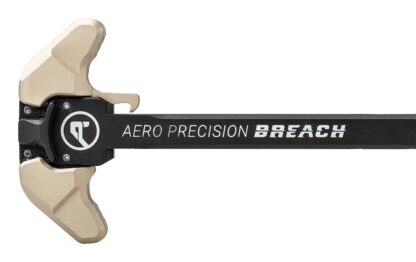 DESCRIPTION The Aero Precision AR15 Breach Ambi Charging Handle Small Black/Tan is a rugged, ambidextrous, precision-manufactured charging handle for the AR15 platform. The BREACH's design utilizes a reinforced 7075-T6 aluminum bar that is up to the most demanding tasks. Its ambidextrous levers feature a patent-pending, dual spring system, that directs the force-of-use into the robust charging handle body. This allows the shooter to use a one-sided charging technique without compromising the part - a pitfall for traditional mil-spec charging handles. The small lever configuration provides a low-profile, easily gripped interface that is comfortable when slung and can be actuated effortlessly from either side of your rifle. This BREACH Charging handle features colored anodizing on the levers. While imperfections are few and far between, there are occasional variances in the finish. This can include variances in the lever itself, or slight differences in color when comparing two charging handles from different batches. To learn more about colored anodizing please visit https://www.aeroprecisionusa.com/knowledge-center/colored-anodizing-finishes. Check out our BCGs Features: Ambidextrous Controls: Ergonomically designed 7075 Aluminum levers allow the user to easily charge their firearm with either hand, while remaining low profile and comfortable when slung. Robust Construction: Reduced chamfer angles on the 7075 Aluminum reinforced bar design provide a strong foundation for the BREACH that is resistant to rotational flex or breakage. Patent-pending Lever Mechanism: Transfers force-of-use away from the roll pins and into the top/head portion of the reinforced bar protecting the charging handle in the most demanding circumstances. Gas Deflection Shelf: Aligns with the upper receiver to redirect gas flow away from the users face when shooting suppressed. Functional Design: It is not all just good looks. Stylistic cuts on the charging handle also help to clear stuck on carbon and debris from the upper receiver, while the spacer design seals and protects the lever mechanism from debris. Tan anodized charging handle levers