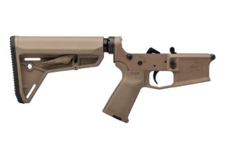 DESCRIPTION The Aero Precision M4E1 MOE Grip SL Carbine Stock Complete Lower FDE is the perfect base for your custom AR15 build. This complete lower features our custom designed M4E1 Lower Receiver and is upgraded to include a MOE SL® Grip and MOE® SL-K™ Carbine Stock. Save when you buy it complete and let our specialists do the installation for you! Includes: M4E1 Stripped Lower Receiver MOE MOE® Grip MOE® SL™ Carbine Stock Lower Parts Kit Carbine Receiver Extension AR15 Carbine Buffer and Spring These parts are installed Our M4E1 Lower Receiver delivers billet aesthetics at a forged price. This custom designed enhanced forging is machined from 7075-T6 Aluminum and compatible with all mil-spec AR15 parts. It has been engineered with upgraded features, including a threaded bolt catch roll pin, integrated trigger guard, upper tension screw, threaded takedown pin detent recess and increased magwell flare.