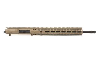 DESCRIPTION This Aero Precision M5E1 Enhanced 20" .308 16.6" Handguard Complete Upper FDE includes our Gen 2 Enhanced Handguard! Key features include the addition of quick disconnect sling sockets, enhanced milling design for grip and visual appeal and a new profile for the picatinny top rail. Includes: M5E1 Assembled Upper Receiver Gen 2 16.6" Enhanced Handguard 20" .308 CMV Barrel Low Profile Gas Block and Rifle Length Gas Tube Product comes assembled This complete upper does not include a BCG or Charging Handle. M5E1 Upper Features: Forged from 7075 T6 aluminum Precision machined to our specs M4 feedramps Laser engraved T-marks (Anodized only) .2795” takedown pin holes Accepts standard AR .308 components Comes with forward assist and port door installed Handguard mounting platform is forged into the receiver Gen 2 Enhanced Handguard Features: 1pc free float design Built in anti-rotation tabs Scalloped rails Continuous top rail 1.78" inside diameter fits most muzzle devices and 1.5" suppressors Compatible with low profile gas blocks Gen 2 Feature - Quick disconnect sling socket at the 3, 6 and 9 o'clock positions Gen 2 Feature - Additional milling along flats to aid with gripping and add visual appeal Gen 2 Feature - New profile for the continuous picatinny top rail Check out our BCGs and Charging handles 20" .308 CMV Barrel Features: Twist: 1 in 10 Threading: 5/8 x 24 Material: 4150 Chrome Moly Vanadium Steel Finish: QPQ corrosion resistant finish both inside and out Gas Block Journal: .750 Gast Port: .087 Gas System Length: Rifle Weight: 59.68oz DPMS Barrel Extension HP and MPI Tested