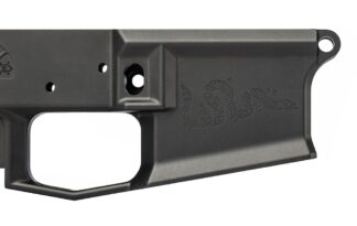 DESCRIPTION This Aero Precision Stripped Lower Special Edition: Franklin Snake lower receiver features Benjamin Franklin's political cartoon "Join, or Die" engraved on the magwell. This design was created in 1754 to represent the need for unification among the Thirteen Colonies later becoming an iconic symbol leading up to and during the American Revolution. The cartoon was used to encourage Colonists to stand together as it was pivotal to the success of the Revolutionary War. This design remains symbolic of American pride, perseverance, and unification nearly 250 years later. The M4E1 Lower Receiver delivers billet aesthetics in a forged package. This custom designed enhanced forging is machined from 7075-T6 Aluminum and compatible with all mil-spec AR15 parts. Aside from the visual upgrades this custom engineered design provides that challenge much more expensive billet options, we have added several functional features to the lower receiver to simplify the assembly process for the at home builder. M4E1 Lower Receiver Improvements: Threaded Bolt Catch Roll Pin - Allows for simple installation of the bolt catch and virtually eliminates the chance to damage the finish during installation (pin included). 1/16" Hex Key required for assembly. Integrated Trigger Guard - Eliminates the possibility of breaking the trigger guard tabs by integrating the trigger guard into the lower, creating a stronger more rigid platform to build upon. Upper Tension Screw - Allows users to fine tune the fit of the upper and lower receiver using a nylon tipped tensioning set screw inserted in the grip tang of the lower receiver. This provides a tight fit with any standard AR15 upper receiver. Threaded Takedown Pin Detent Recess - Allows user to easily install the Takedown Pin detent and spring with the use of a 4-40 set screw (no more launching detents across the room). Increased Magwell Flare - Increased the flare of the magwell to aid in quick and efficient magazine changes. Marked and milled to accept short-throw safety selectors, but will work with standard selectors as well. Add some of our SPARE PARTS to complete your lower! Includes: Stripped M4E1 Lower Receiver Nylon tipped tensioning set screw Threaded Bolt Catch Pin Aero Precision Stripped Lower Special Edition: Franklin Snake Specs Shipping to FFL Dealer Required Yes Made In America? Yes Platform AR15 Material Machined from 7075-T6 forged aluminum Select Your Finish Anodized Black Markings "Cal Multi", "JODM4-" Serial Number Designation Compatibility Works with standard AR15 components and magazines Weight(s) 8.61 oz Other Rear takedown pin detent hole is threaded for a 4-40 set screw. Threaded Bolt Catch Roll Pin (Included).