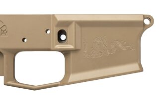 DESCRIPTION This Aero Precision Stripped Lower Special Edition: Franklin Snake FDE lower receiver features Benjamin Franklin's political cartoon "Join, or Die" engraved on the magwell. This design was created in 1754 to represent the need for unification among the Thirteen Colonies later becoming an iconic symbol leading up to and during the American Revolution. The cartoon was used to encourage Colonists to stand together as it was pivotal to the success of the Revolutionary War. This design remains symbolic of American pride, perseverance, and unification nearly 250 years later. The M4E1 Lower Receiver delivers billet aesthetics in a forged package. This custom designed enhanced forging is machined from 7075-T6 Aluminum and compatible with all mil-spec AR15 parts. Aside from the visual upgrades this custom engineered design provides that challenge much more expensive billet options, we have added several functional features to the lower receiver to simplify the assembly process for the at home builder. M4E1 Lower Receiver Improvements: Threaded Bolt Catch Roll Pin - Allows for simple installation of the bolt catch and virtually eliminates the chance to damage the finish during installation (pin included). 1/16" Hex Key required for assembly. Integrated Trigger Guard - Eliminates the possibility of breaking the trigger guard tabs by integrating the trigger guard into the lower, creating a stronger more rigid platform to build upon. Upper Tension Screw - Allows users to fine tune the fit of the upper and lower receiver using a nylon tipped tensioning set screw inserted in the grip tang of the lower receiver. This provides a tight fit with any standard AR15 upper receiver. Threaded Takedown Pin Detent Recess - Allows user to easily install the Takedown Pin detent and spring with the use of a 4-40 set screw (no more launching detents across the room). Increased Magwell Flare - Increased the flare of the magwell to aid in quick and efficient magazine changes. Marked and milled to accept short-throw safety selectors, but will work with standard selectors as well. Add some of our SPARE PARTS to complete your lower! Includes: Stripped M4E1 Lower Receiver Nylon tipped tensioning set screw Threaded Bolt Catch Pin Aero Precision Stripped Lower Special Edition: Franklin Snake FDE Specs Shipping to FFL Dealer Required Yes Made In America? Yes Platform AR15 Material Machined from 7075-T6 forged aluminum Select Your Finish Magpul FDE Cerekote Markings "Cal Multi", "JODM4-" Serial Number Designation Compatibility Works with standard AR15 components and magazines Weight(s) 8.61 oz Other Rear takedown pin detent hole is threaded for a 4-40 set screw. Threaded Bolt Catch Roll Pin (Included).